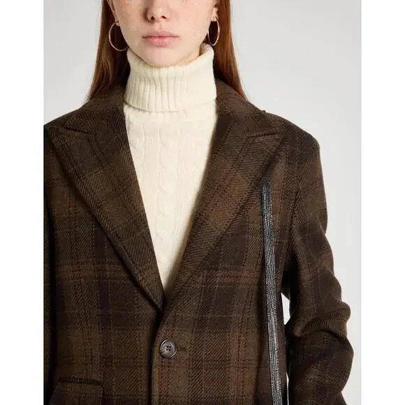 New Lauren Ralph Lauren Longline Plaid Wool Blend Reefer Coat Brown Plaid Sz 12 - Picture 3 of 11